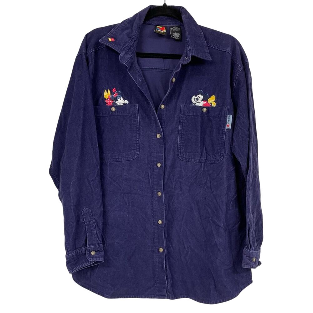 Vintage Disney Blue Corduroy Mickey & Minnie Embroidered Butterfly Down Shirt M